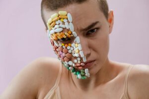 Artistic portrait of person with pills covering half the face, representing medicine or health theme.